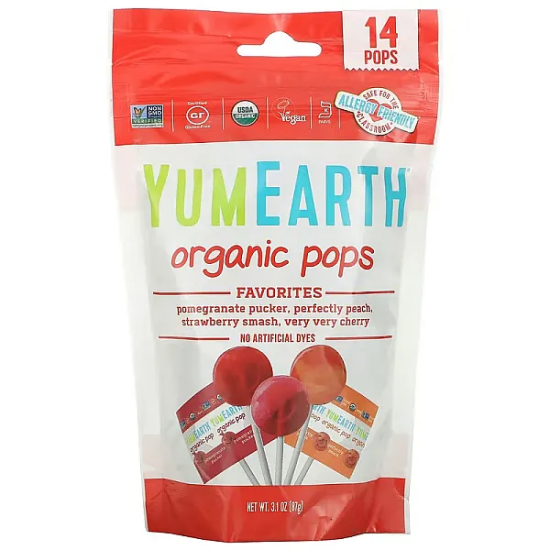 YumEarth organic pops, Льодяники органічні на паличці з вітаміном С, смак асорти, 14 шт, 140 г