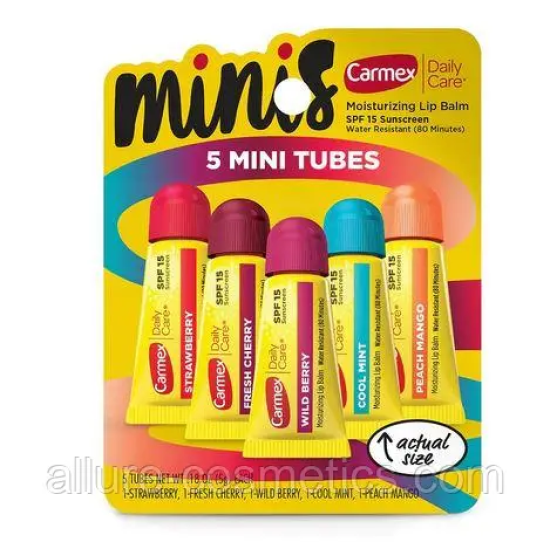 Carmex Minis 5 Tubes, Набір Бальзамів для губ, асорті смаків, 5шт х 5г