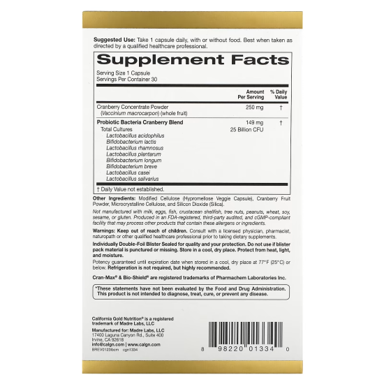 California Gold Nutrition, LactoBif,  Cran-Max, пробіотики, 25 млрд КУО, 30  капсул 