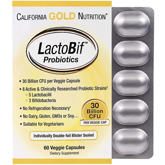California Gold Nutrition, LactoBif, 30 пробіотиків, 30 млрд КУО, 60 капсул