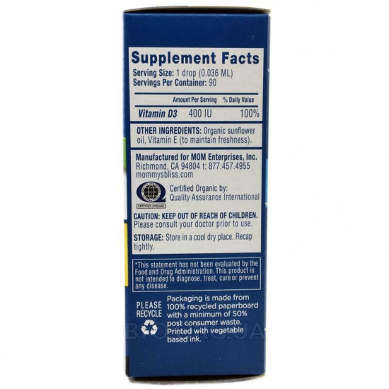 Mommy's Bliss, Vitamin D3 Organic Drops Newborn, вітамін Д3 для дітей з народження в краплях, 3.24 мл