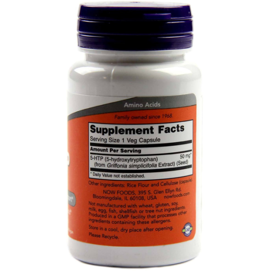 Now Foods, 5-HTP, Амінокислота (Гідрокситриптофан) 50 мг, 30 капсул