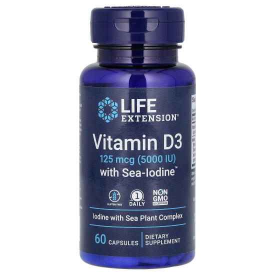 Life Extension, вітамін D3 з Sea-Iodine, вітамін Д3, 5000 МО, 60 шт