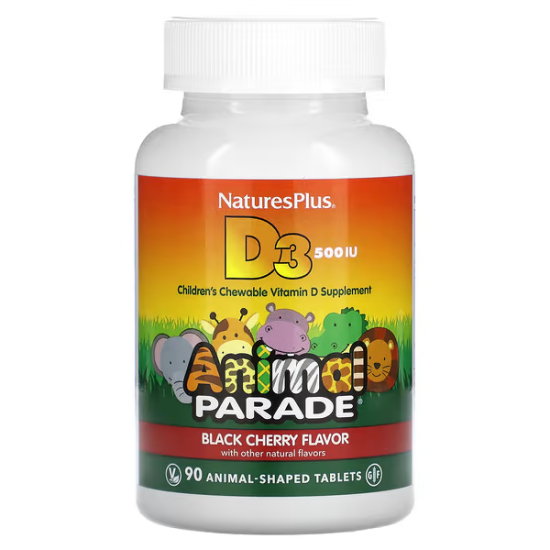 NaturesPlus, Source of Life, Animal Parade, 500 МО вітамін Д3, смак чорної вишні, 90 шт