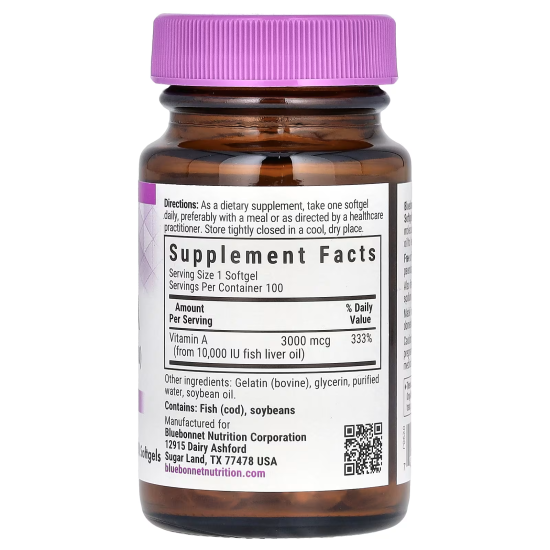 Bluebonnet, Vitamin A,  3000 мкг (10 000 МО),  вітамін А, 100 капсул,