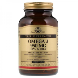  Solgar, Omega-3 Fish Oil, Омега-3 риб'ячий жир, ЕПК та ДГК, потрійна концентрація, 950 мг, 50 кап