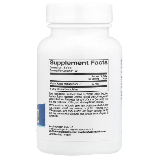  Lake Avenue Nutrition, Vitamin  K-2, вітамін К2,  (у вигляді менахінону-7), 50 мкг, 120 капсул