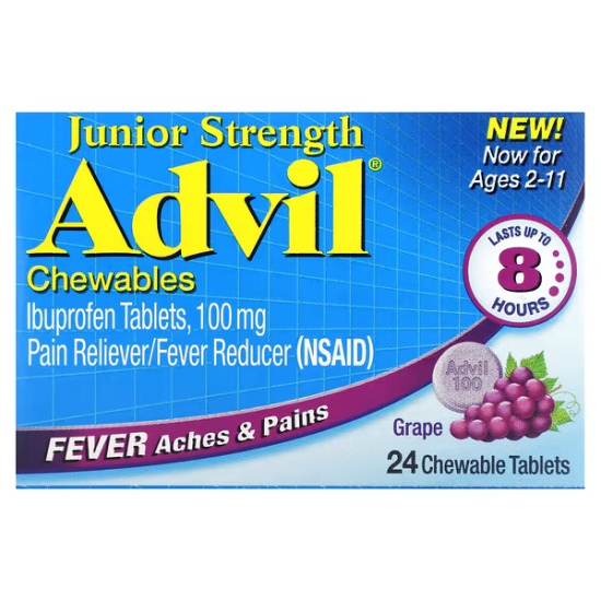  Junior Strength, Advil, Знеболюючий засіб, жувальні таблетки, для дітей, смак виноград, 100 мг, 24 жув.табл.