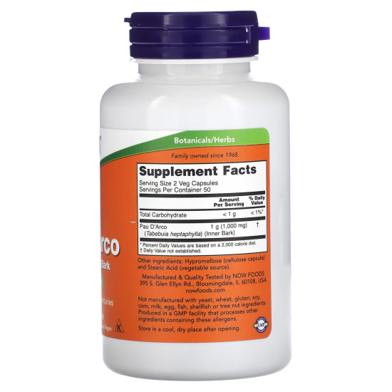 NOW, Pau D`Arco, Кора мурашиного дерева, 500 мг, 100 капc