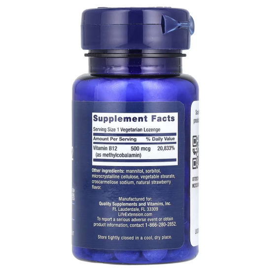 Life Extension, Vitamin B12, вітамін В12, метилкобаламін, 500 мкг, 100 льодяників